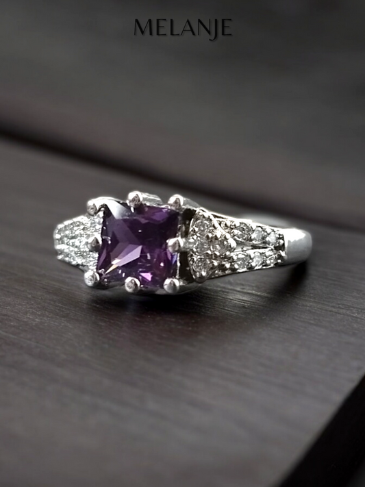 Amethyst Solitaire Square Crystal White Cubic Zirconia Sterling Silver Princess Cut Adjustable Ring