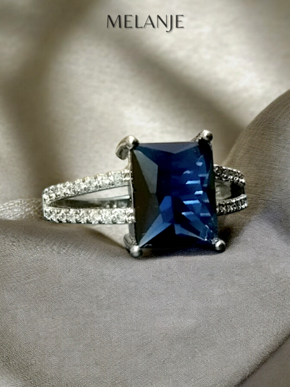 Sapphire Blue Rectangular Crystal Cubic Zirconia Sterling Silver Split Shank Luxury Ring