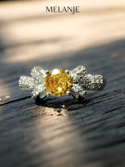 Bright Yellow Round Solitaire Crystal Sterling Silver Cubic Zirconia Adjustable Bow Ring