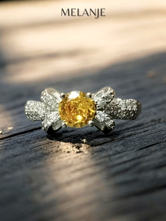 Bright Yellow Round Solitaire Crystal Sterling Silver Cubic Zirconia Adjustable Bow Ring