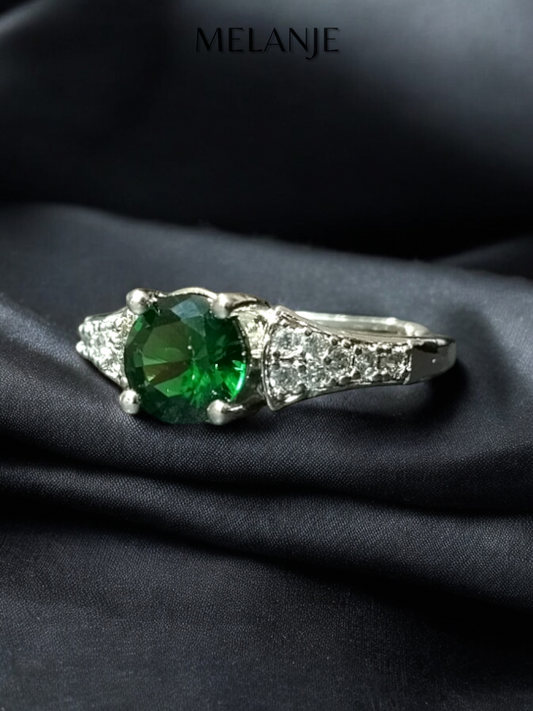 Emerald Round Solitaire Crystal 925 Sterling Silver Cubic Zirconia Adjustable Eternity Ring
