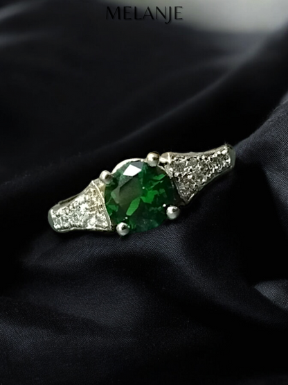 Emerald Round Solitaire Crystal 925 Sterling Silver Cubic Zirconia Adjustable Eternity Ring