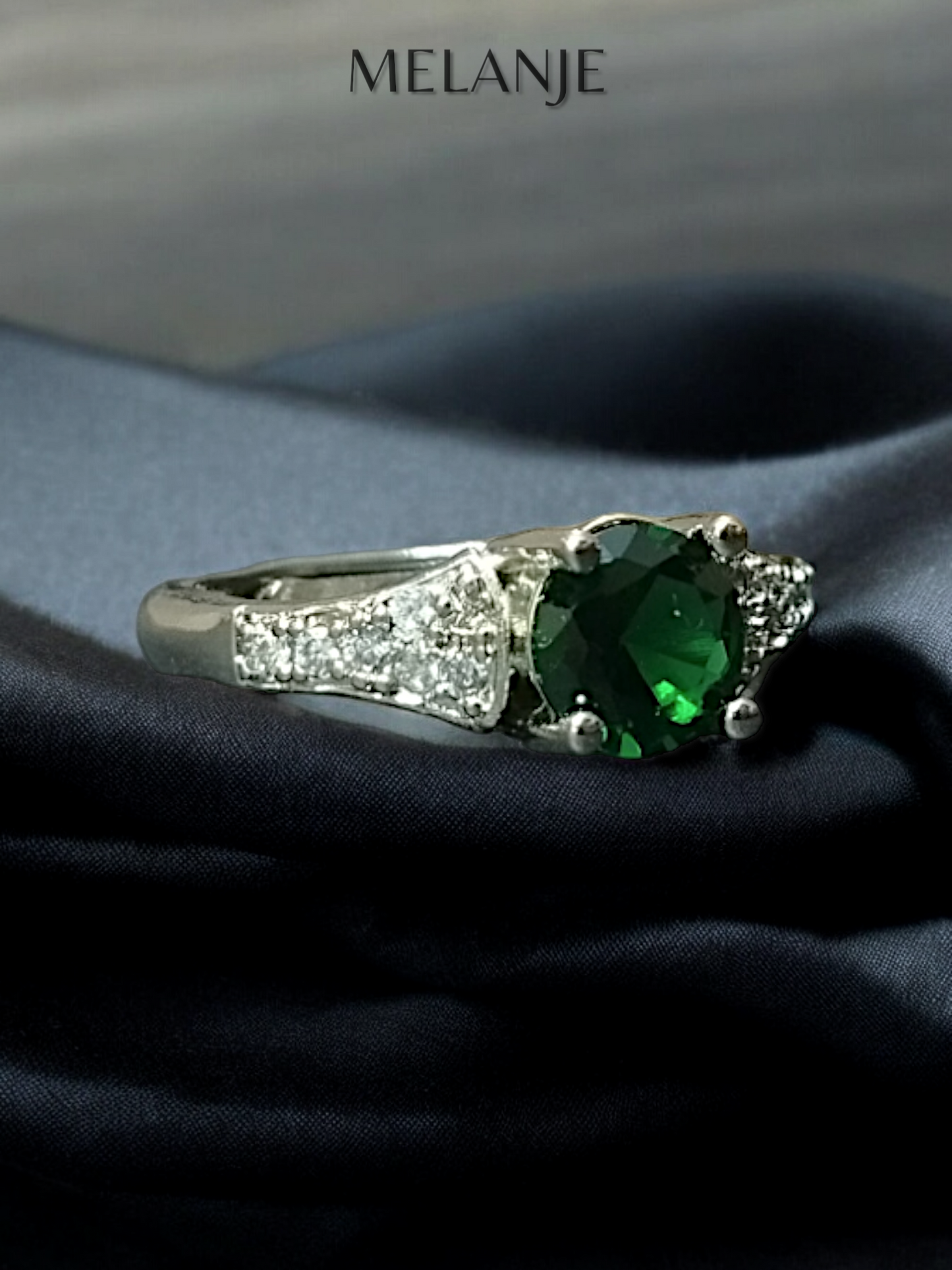 Emerald Round Solitaire Crystal 925 Sterling Silver Cubic Zirconia Adjustable Eternity Ring