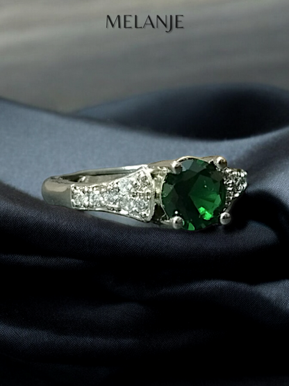 Emerald Round Solitaire Crystal 925 Sterling Silver Cubic Zirconia Adjustable Eternity Ring