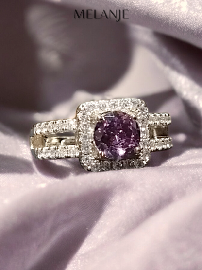 Lavender Round Solitaire Crystal Clear Cubic Zirconia Square Cushion Cut Double Row Design Adjustable Ring