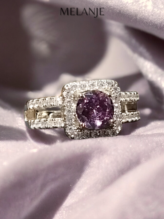 Lavender Round Solitaire Crystal Clear Cubic Zirconia Square Cushion Cut Double Row Design Adjustable Ring
