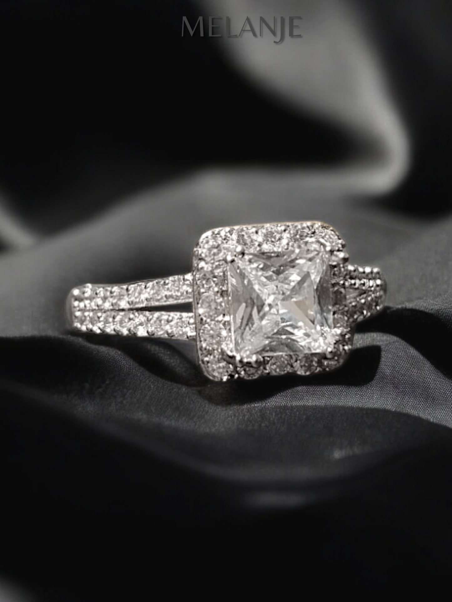 Princess Cut Split Shank Square Crystal Sterling Silver Clear Cubic Zirconia Halo Engagement Ring