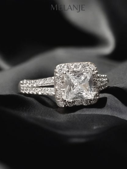 Princess Cut Split Shank Square Crystal Sterling Silver Clear Cubic Zirconia Halo Engagement Ring