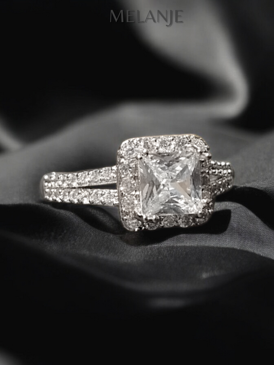 Princess Cut Split Shank Square Crystal Sterling Silver Clear Cubic Zirconia Halo Engagement Ring