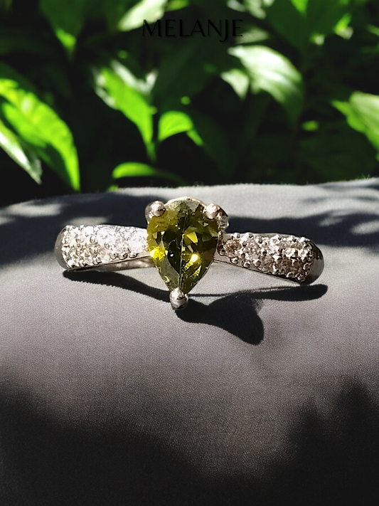 Olive Green Pear Shaped Crystal Cubic Zirconia Sterling Silver Adjustable Ring