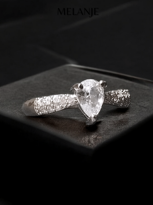 Clear Pear Shaped Crystal Cubic Zirconia Sterling Silver Adjustable Ring