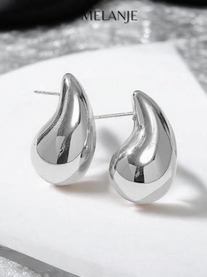 Chunky Teardrop Silver Dome Drop Bold Earrings