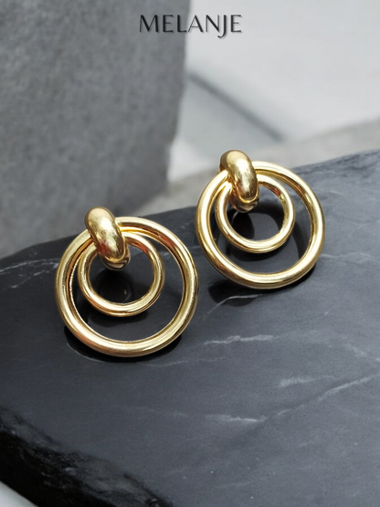 925 Sterling Silver Double Circle Design Statement Gold Earrings
