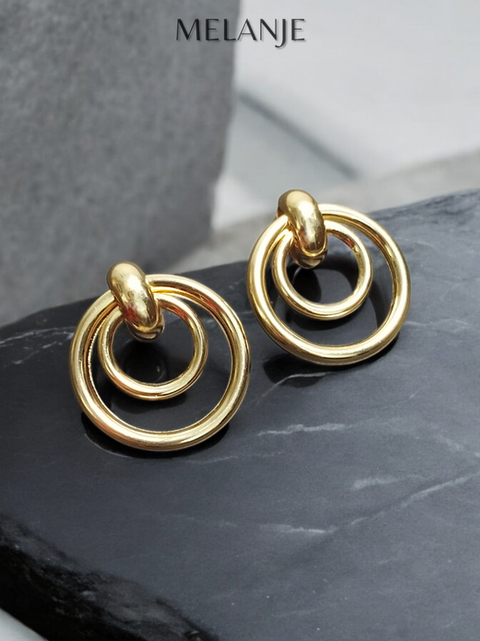 925 Sterling Silver Double Circle Design Statement Gold Earrings