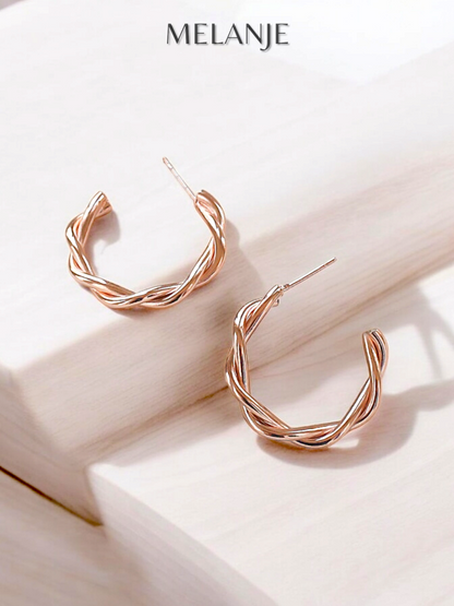 Sterling Silver Rose Gold Plated Twisted Open Hoop Earrings