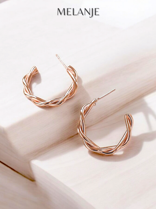 Sterling Silver Rose Gold Plated Twisted Open Hoop Earrings