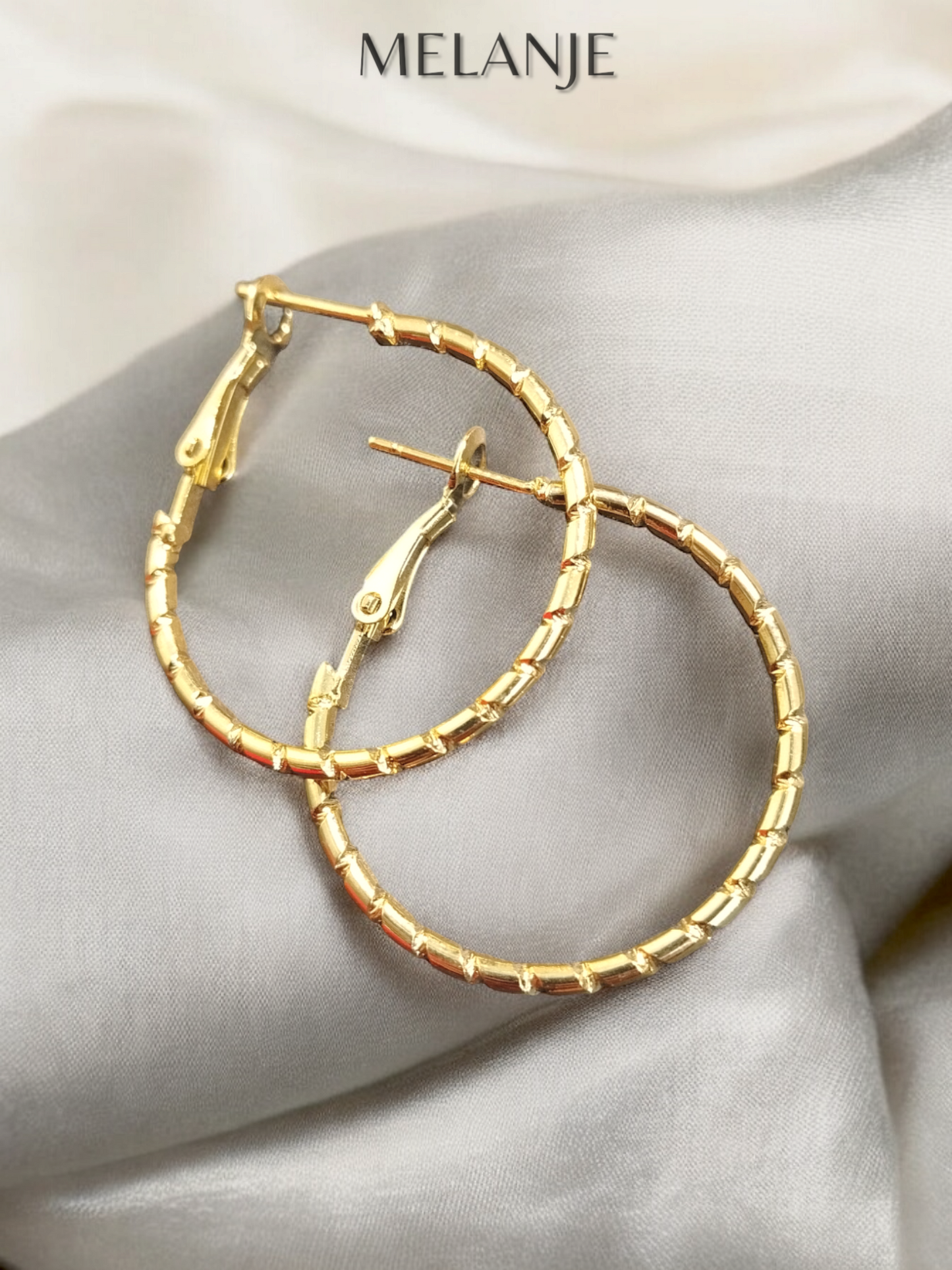 Stainless Steel Bamboo Textured Round Gold Hoop Earrings