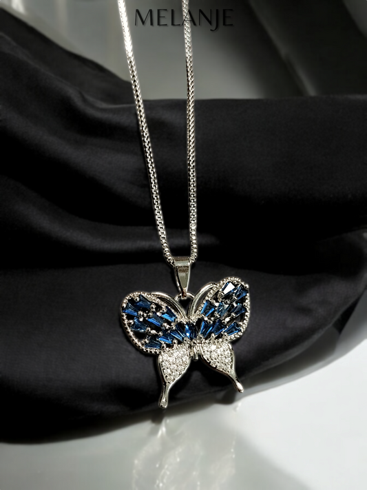Sterling Silver Baguette Cut Sapphire Blue Cubic Zircons Stainless Steel Butterfly Pendant Necklace