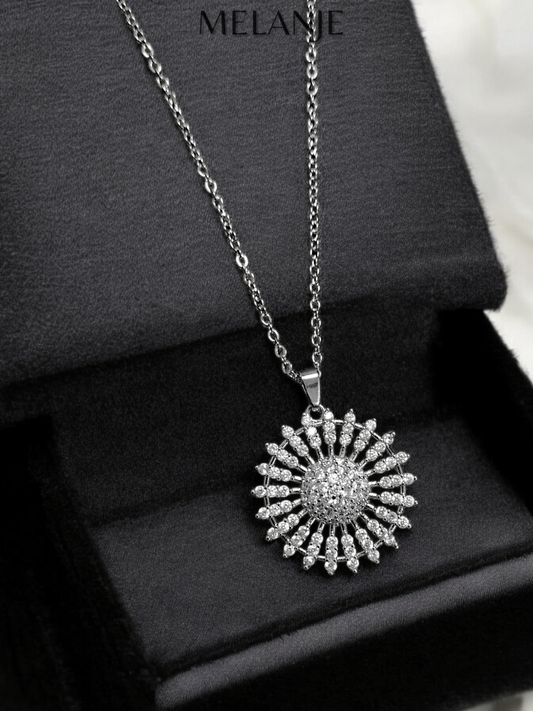 Sterling Silver Clear Cubic Zirconia Stainless Steel Sunflower Pendant Necklace