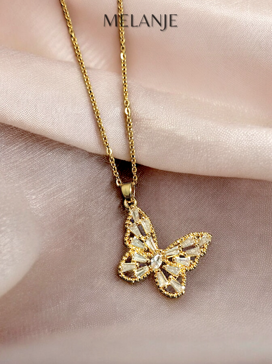1K Gold Plated Baguette Cut Clear Cubic Zirconia Stainless Steel Butterfly Pendant Necklace