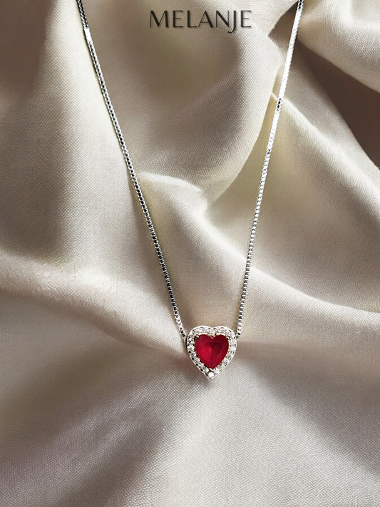 Heart-Shaped Ruby Crystal & Clear Cubic Zirconia Stainless Steel Minimal Pendant Necklace