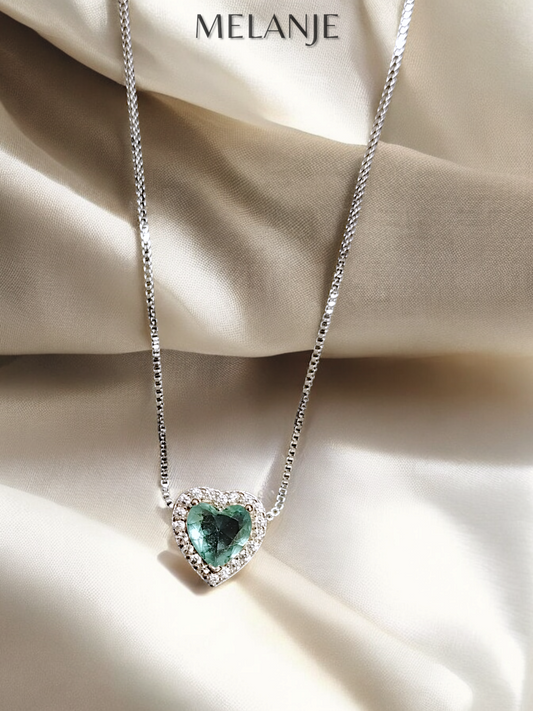 Heart-Shaped Aquamarine Crystal & Clear Cubic Zirconia Stainless Steel Minimal Pendant Necklace