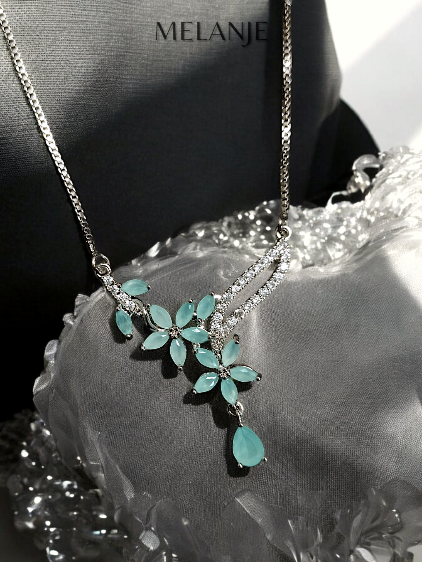 Light Blue Flower & Drop-Shaped Crystals Stainless Steel & Cubic Zirconia Luxury Necklace