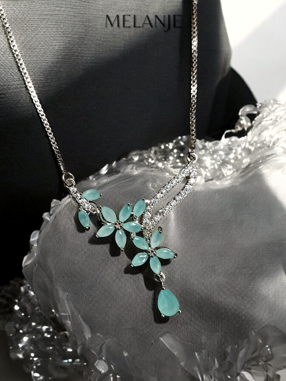 Light Blue Flower & Drop-Shaped Crystals Stainless Steel & Cubic Zirconia Luxury Necklace