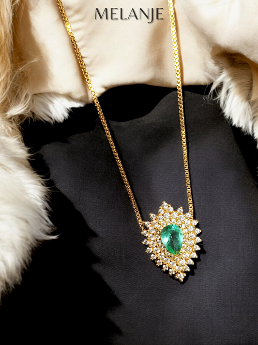 Turquoise Pear-Shaped Crystal Cubic Zirconia Stainless Steel Luxury Leaf Pendant Necklace
