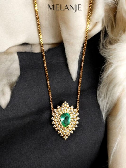 Turquoise Pear-Shaped Crystal Cubic Zirconia Stainless Steel Luxury Leaf Pendant Necklace