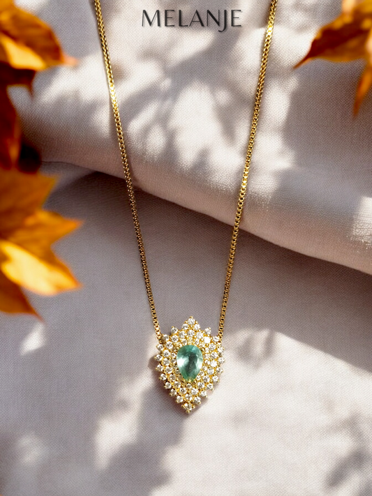 Aquamarine Pear-Shaped Crystal Cubic Zirconia Stainless Steel Luxury Leaf Pendant Necklace