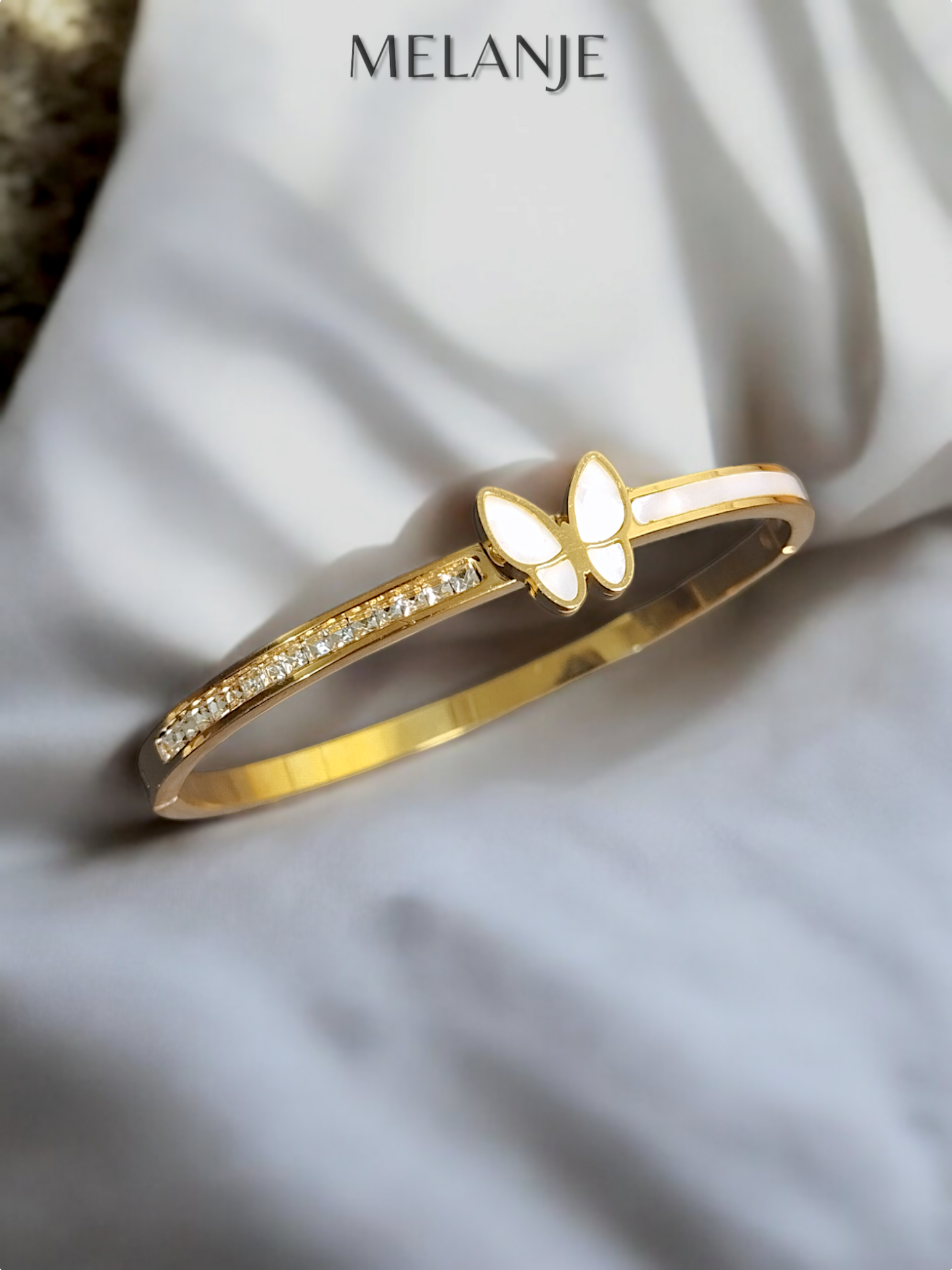 1K Gold Plated Stainless Steel Tapered Cubic Zirconia & Marble Detailing Butterfly Bracelet
