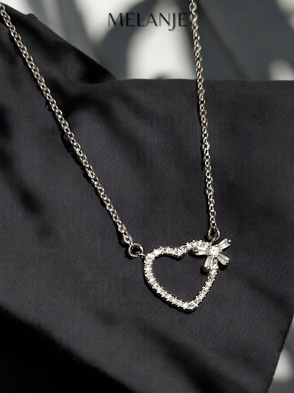 Sterling Silver Cubic Zirconia Minimal Heart Bow Charm Necklace