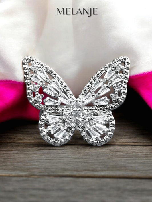 Sterling Silver Baguette & Round Cut Clear Cubic Zirconia Adjustable Butterfly Ring