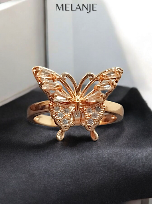 Baguette Cut Champagne Crystals Adjustable Butterfly Gold Ring