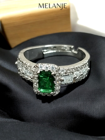 Emerald Rectangular Solitaire Crystal Triple Row Cubic Zirconia Adjustable Ring