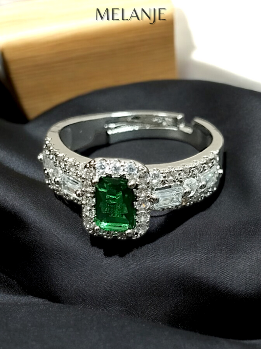 Emerald Rectangular Solitaire Crystal Triple Row Cubic Zirconia Adjustable Ring