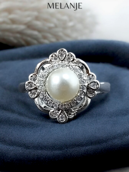Sterling Silver & Clear Cubic Zirconia Adjustable Princess Pearl Ring