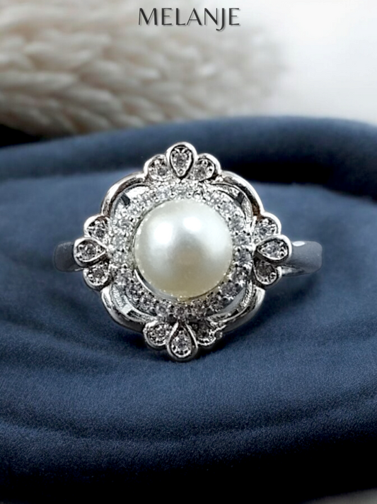 Sterling Silver & Clear Cubic Zirconia Adjustable Princess Pearl Ring