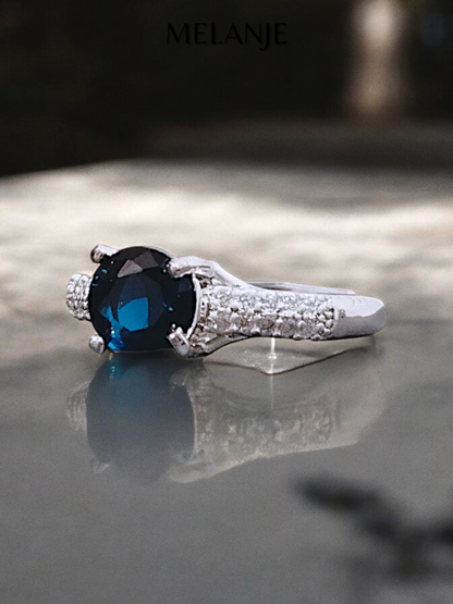 Sapphire Blue Round Solitaire Crystal Double Row Cubic Zirconia Design Sterling Silver Adjustable Promise Ring