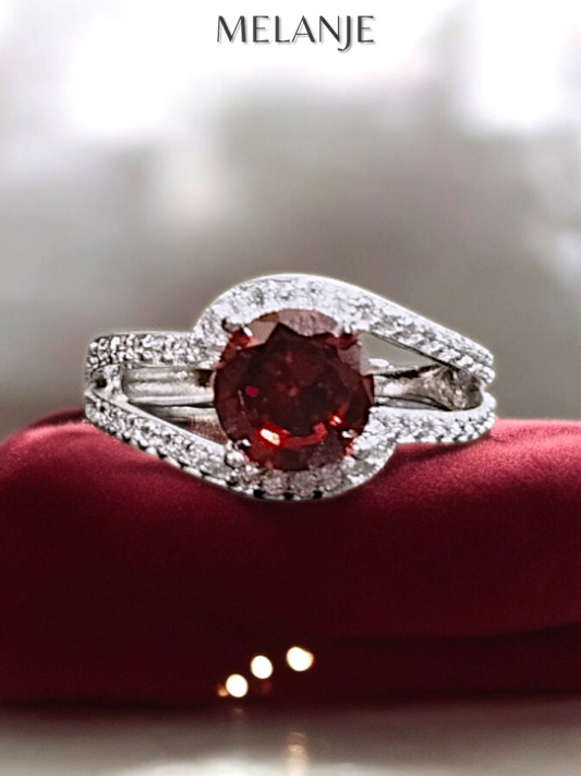 Garnet Solitaire Crystal Clear Cubic Zirconia Sterling Silver Adjustable Wedding Ring
