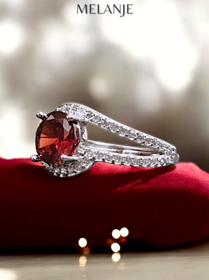 Garnet Solitaire Crystal Clear Cubic Zirconia Sterling Silver Adjustable Wedding Ring