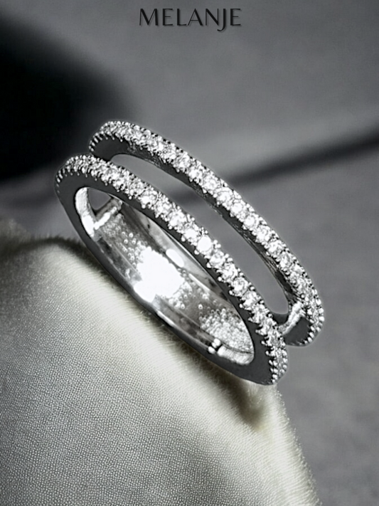 Sterling Silver Inlaid Double Layered Clear Zirconia Wedding Band Ring