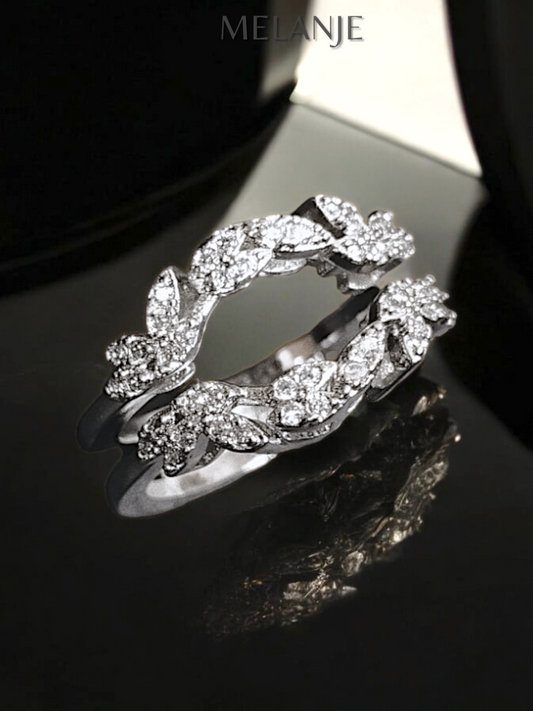 Sterling Silver Intricate Leaf Design Cubic Zirconia Eternity Ring