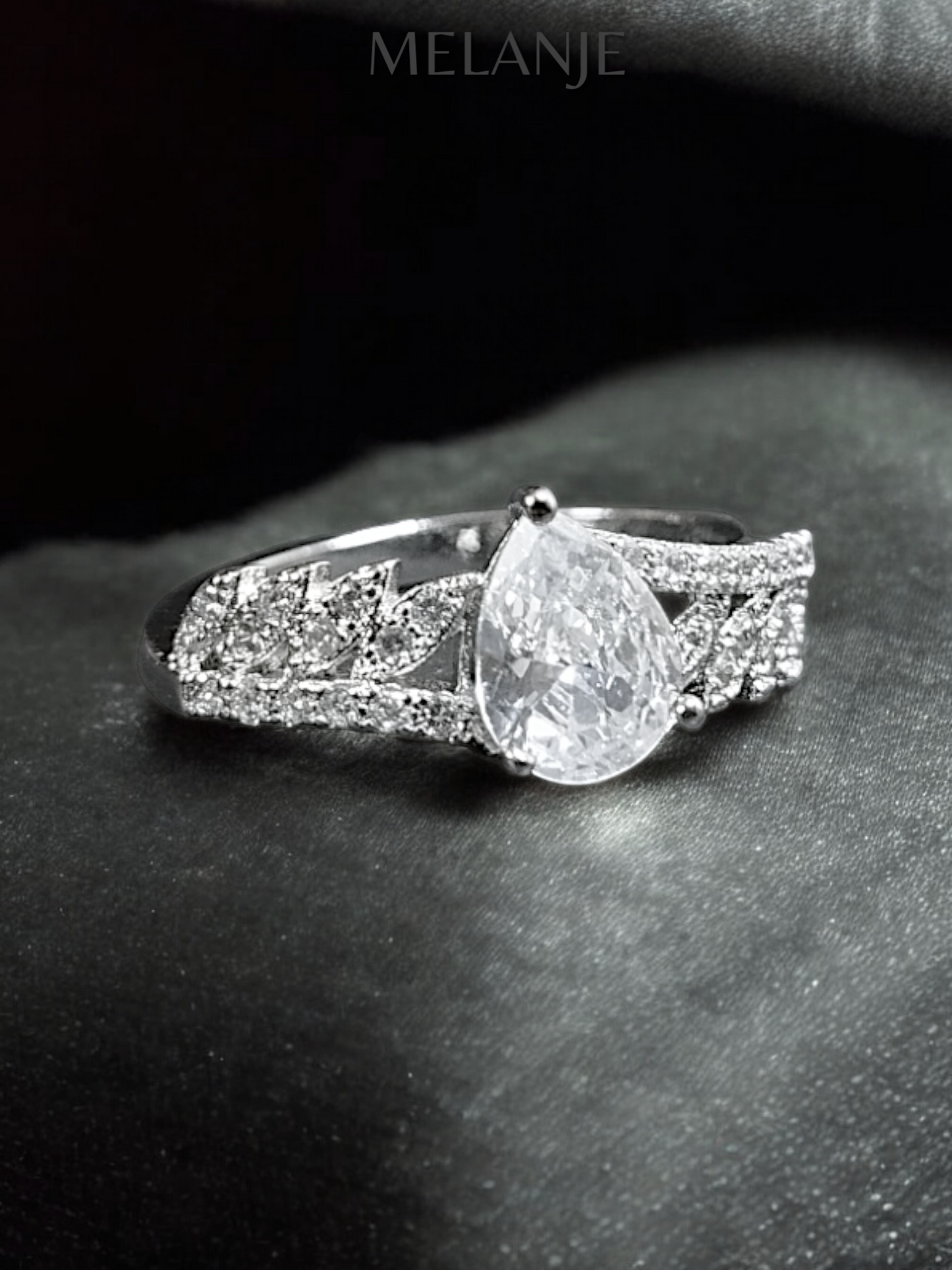 Pear Shaped Solitaire Crystal Delicate Leaf Design Luxury Ring