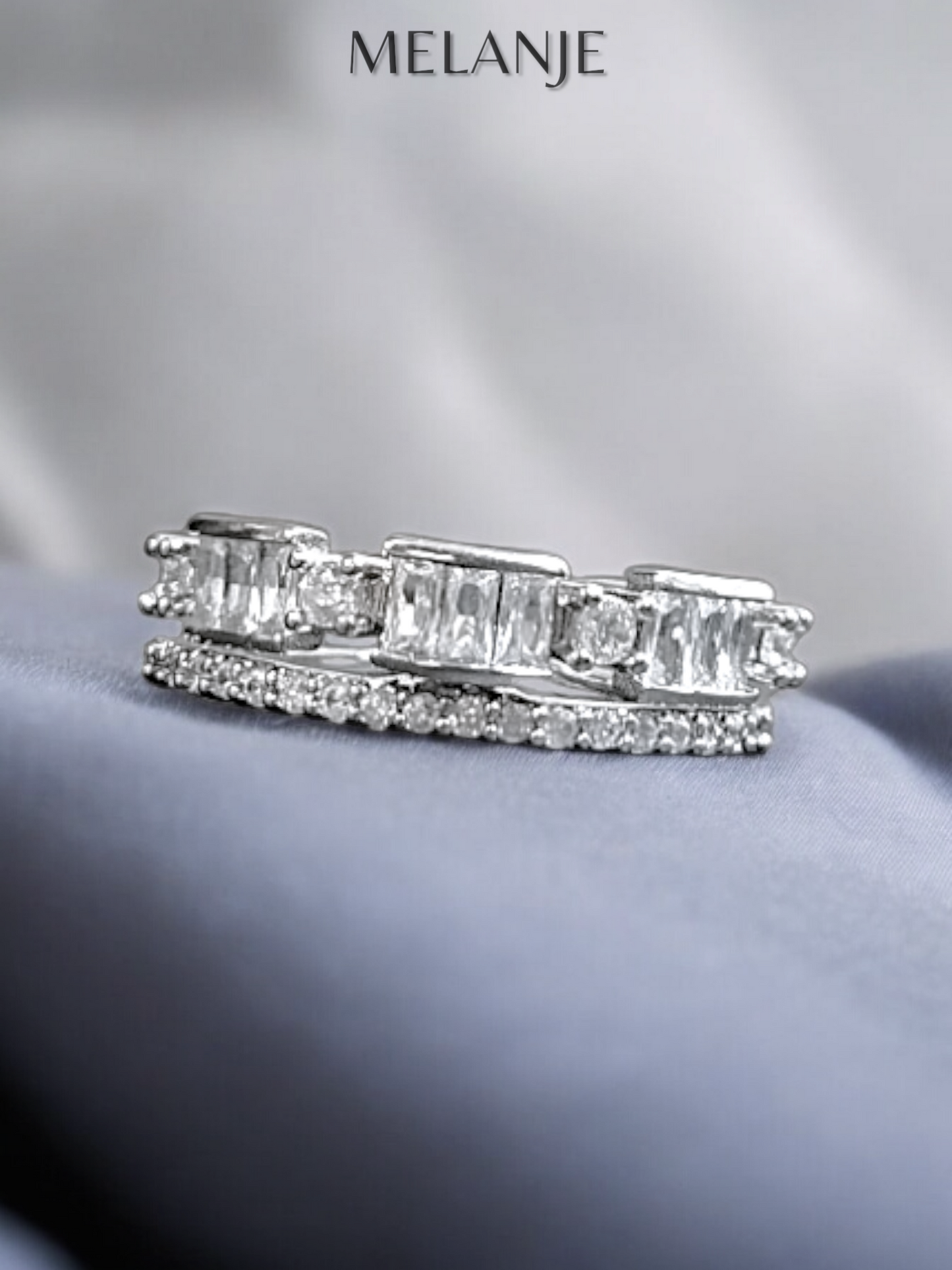 Round & Baguette Cut Cubic Zirconia Adjustable Cluster Band Ring