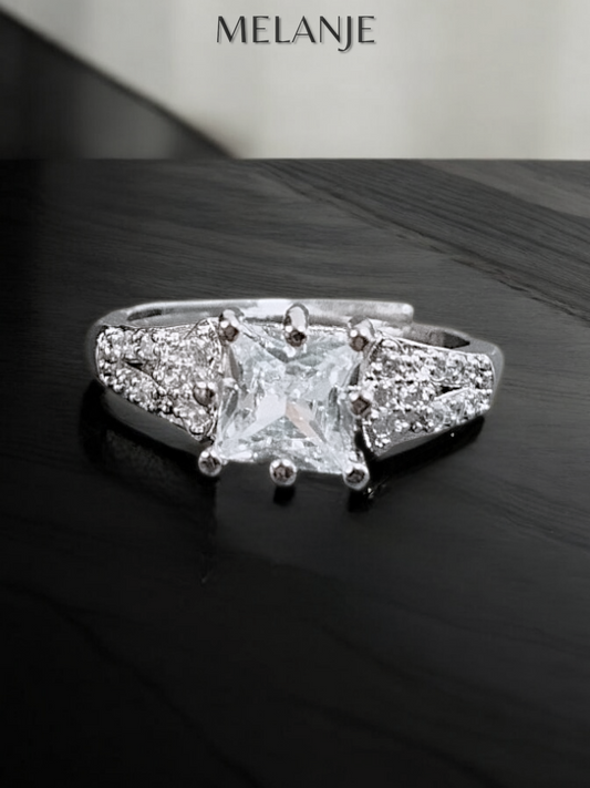 Clear Solitaire Square Crystal White Cubic Zirconia Sterling Silver Princess Cut Adjustable Ring