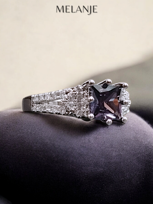 Amethyst Rectangular Crystal V-Cut Split Shank Cubic Zirconia Elegant Princess Cut Ring