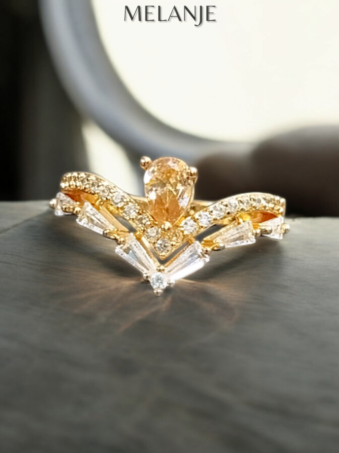 Pear Shaped Champagne Crystal Negative V Design Adjustable Gold Crown Ring