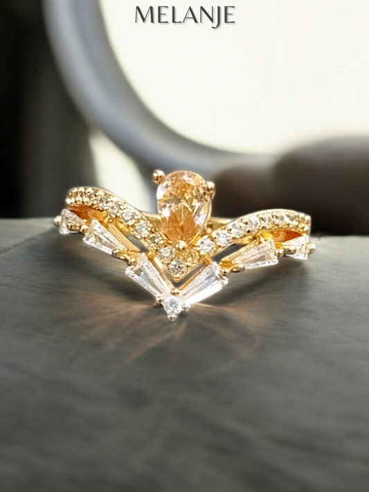 Pear Shaped Champagne Crystal Negative V Design Adjustable Gold Crown Ring